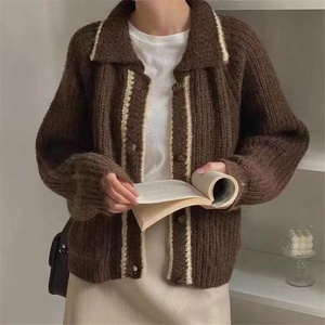 レディース カーディガン ニットジャケット 刺繍入り ポケット付き 長袖 厚手 カジュアル アウター - Product Image 1