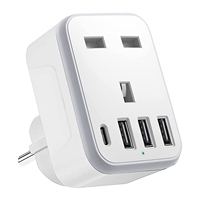 Adaptateur de prise UK vers Europe, adaptateur de voyage avec mise à la terre, 3 ports USB-A, 1 port USB-C, 16A SDK pour l'Europe (Allemagne/France)