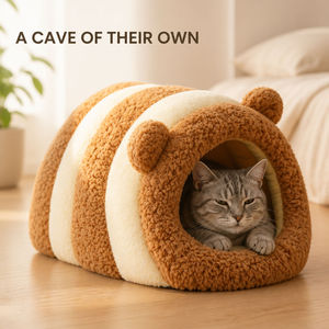 Cuccia a Forma di Orecchie d'<span class=keywords><strong>Orso</strong></span> Marrone Beige Semi-Chiusa in Peluche e Cotone PP, Calda e Accogliente per Gattini e Gatti di Piccola e Media Taglia - Product Image 2
