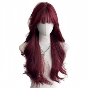 Perruque longue bouclée rouge <span class=keywords><strong>framboise</strong></span> avec frange, cheveux synthétiques doux et naturels, résistante <span class=keywords><strong>à</strong></span> la chaleur, pour femmes, pour la <span class=keywords><strong>vie</strong></span> quotidienne, les fêtes et le cosplay - Product Image 5