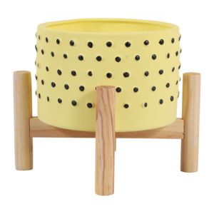 Maceta de cerámica sobre soporte de madera, amarilla con puntos negros, para orquídeas y plantas de interior y exterior. - Product Image 4