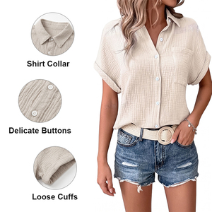 Camisa de talla grande para mujer con cuello y botones, mangas cortas con puños, bolsillo en el pecho, corte holgado, blusa de verano - Product Image 3
