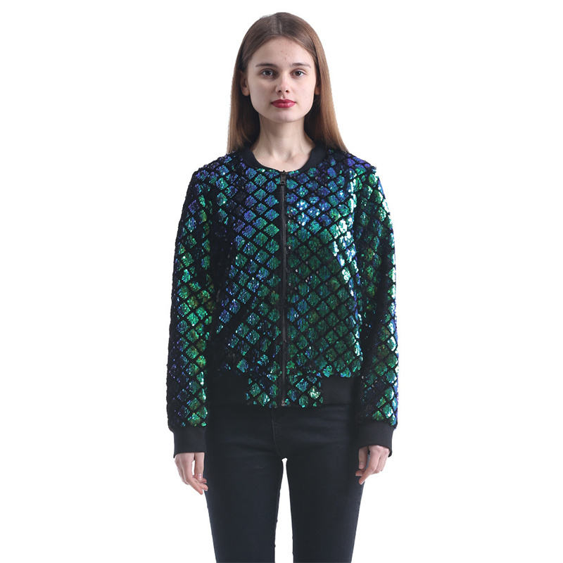Womens Green Glitter Varsity Jackets Plus Size Sequined Bomber