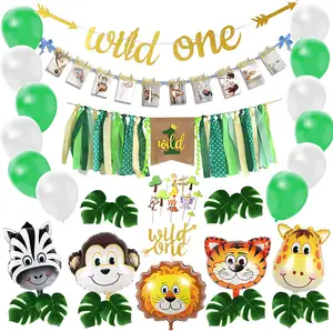 Desain Baru Ikat Kepala Hewan Foil Dekorasi Liar Satu Ulang Tahun Kit Pertama Bayi Safari Hutan 1 Bday Set Balon Pesta Chrom