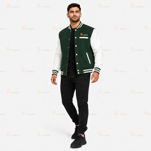 Chaqueta Varsity de Lana para Hombre, Color Verde y Blanco, con Botones a Presión, Estilo Casual de Béisbol, con Bolsillos, para Otoño - Product Image 2