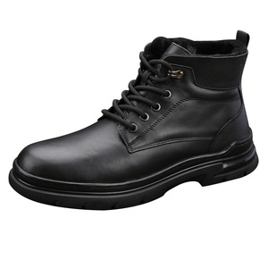 Bottes Martin pour hommes en cuir, hauteur cheville, chaudes pour l'hiver, doublées de fourrure, bout rond, à lacets, semelle en caoutchouc, style uni, isolantes - Product Image 3