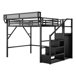 Lit mezzanine en métal pleine taille avec escalier, étagères de rangement et armoire, cadre noir, mobilier de chambre moderne pour appartement - Product Image 1