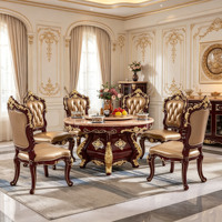 Luxuriöses Europäisches Rundes Massivholz-Esszimmer-Set mit Rosa Marmorplatte und Drehbarem Serviertablett, PU-Leder-Stühlen für Villa und Zuhause, Großhandel