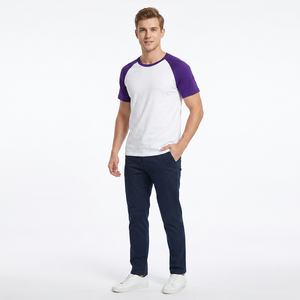 Men's Cotton Raglan Sleeve O-Neck T-Shirt Solid Color Casual Regular Fit Black <b>White</b> Contrast Trim Jersey Knitted <b>Tees</b> - Product Image 5
