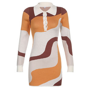 2023 nouvelles femmes contraste irrégulier POLO cou à manches longues serré enveloppé hanche <span class=keywords><strong>laine</strong></span> tricot <span class=keywords><strong>robe</strong></span> courte - Product Image 1