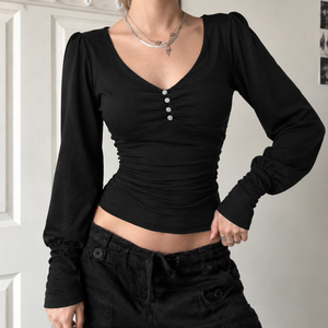 <b>V</b> <b>Neck</b> Button Front Knit Top, Long Puff Sleeve <b>Women's</b> <b>T</b> <b>Shirt</b>, Casual Slim Fit Long Sleeve Top, Y2K Retro Fashion - Product Image 2