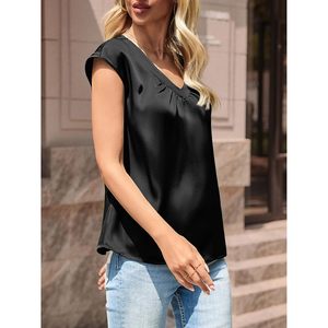 Blusa de Seda Satinada para Mujer, Cuello en V, Manga Corta, Holgada, Informal, para Oficina o Trabajo - Product Image 3