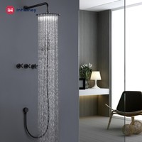 Système de douche moderne pour salle de bain, ensemble mitigeur de douche à effet pluie rond en laiton noir mat, robinet de douche apparent, barre coulissante murale