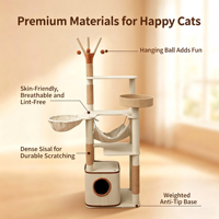 Tour d'escalade pour chat d'intérieur moderne en bois et sisal, multi-niveaux, avec poteaux à gratter, panier en peluche, hamac, jouet pompon et base anti-basculement