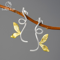 Lotus Fun 18K plaqué or 925 argent Sterling fait à la main branches incurvées et feuilles boucles d'oreilles asymétriques bijoux fins pour femmes