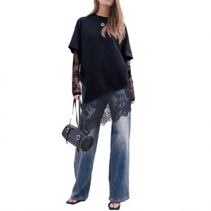 Camiseta Holgada de Mujer con Encaje Asimétrico, Color Negro Sólido, Manga Corta, Cuello Redondo, Estilo Casual para Primavera/Verano - Product Image 2