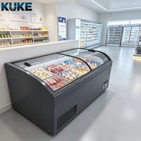 Congélateur commercial Euro Island à vitrine incurvée simple face avec couvercle coulissant en verre, accès double face, refroidissement par air et refroidissement direct