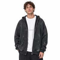 Sweat-shirt zippé sur mesure pour homme, coupe oversize, style vintage délavé, effet usé et déchiré, avec éclaboussures de peinture, en tissu épais
