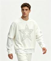 T-shirt Homme Oversize Deux Pièces à Manches Longues Broderie Étoile 3D Décontracté Streetwear Épaules Tombantes Ample 100% Coton 280g