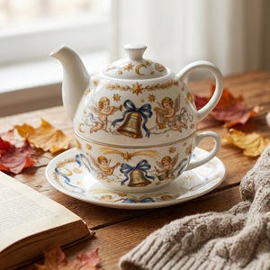 Single Serve <b>Tea</b> Set, Nordic Christmas Holiday Motif, Teapot Cup and Saucer with <b>Infuser</b>, Gift Boxed - Product Image 1
