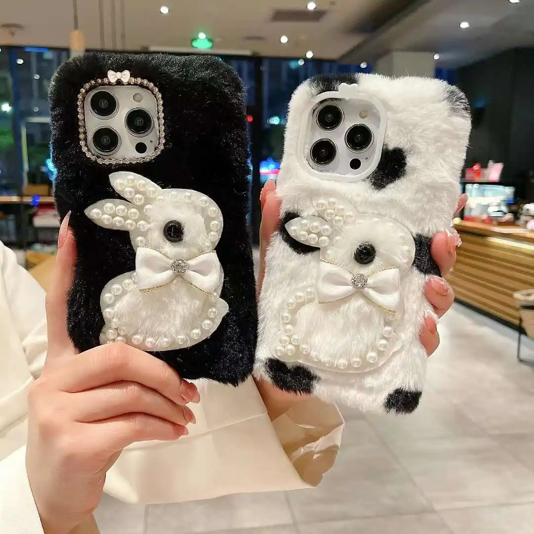 Hot Sale Plush Pearl Rabbit Pattern Phone Case for iPhone 15 14 13 Pro Max Free Shipping Promotion for iPhone Case