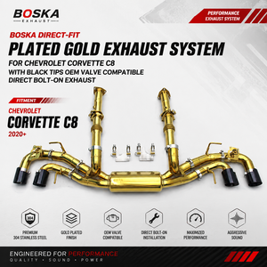 Sistema de escape chapado en oro de ajuste directo para Chevrolet Corvette C8 con puntas negras, compatible con válvula OEM, escape de montaje directo. - Product Image 1