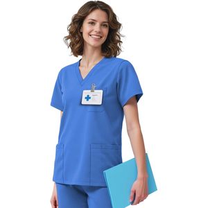 Women Scrub Top V-Neck 4 Pocket Premium Stretch Medical Workwear Hospital Uniform Blue - Product Image 1
