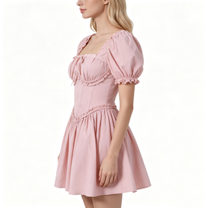 Abito Mini da Donna Rosa con Scollo <span class=keywords><strong>Quadrato</strong></span>, Maniche a Sbuffo, Corpetto Arricciato e Gonna a Trapezio - Vestito Corto Dolce e Romantico per Appuntamenti, Feste e Uso Quotidiano - Product Image 2