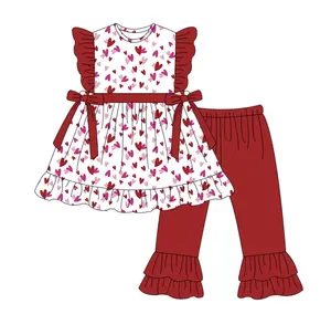 Новый дизайн 2023, ткань с принтом сердца, детская одежда, детская одежда, День Святого Валентина, комплекты одежды для маленьких девочек
