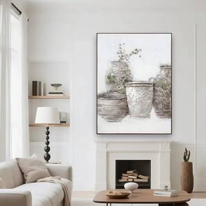 Quadro Astratto con Natura Morta, Vasi <span class=keywords><strong>Rustici</strong></span> con Intarsi Verdi e Fiori Secchi, Dipinto a Olio Fatto a Mano su Pietra Naturale - Product Image 2