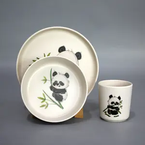 熊猫图案竹纤维晚餐套装宝宝餐盘碗杯