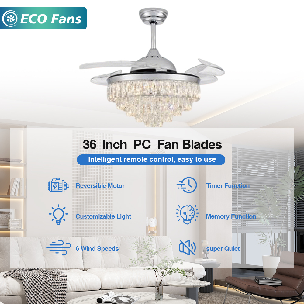 36" Crystal Lamp Body Ceiling Fan with European Design, Smart Remote Control and LED for Living Room