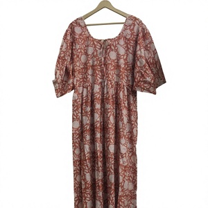 Midi Dress Floral Long Block Print Breathable A-Line Eco-Friendly V-neck <b>String</b> Closer 100% Cotton Digital Printed Natural Waist - Product Image 1