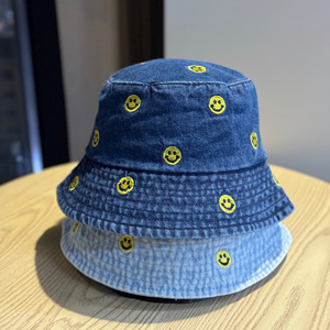 Chapeau Bob en Jean Décontracté Landfond pour Femme, Nouveau Style Coréen Tendance avec Broderie Visage, Polyvalent à Petite Bordure - Product Image 3