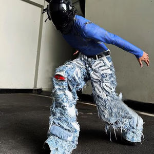 DIZNEW Hombre Denim Jeans Vendedor Venta al por mayor de alta calidad de pierna ancha Patchwork Jeans Y2k Moda Crazy Jeans para hombres - Product Image 3