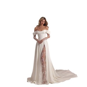 Off Shoulder Train Wedding Dress Empire Waist Sheath Style White Long Gown Simple Fashion Spring Design - Product Image 5