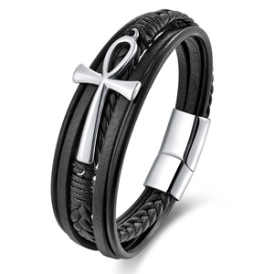 Men's 3-Layer Braided <b>Leather</b> <b>Bracelet</b> with PVD 18K Gold Cross & Magnetic Clasp | Stylish Wristband for Fashion and Casual Wear - Product Image 5