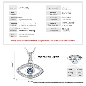 Collier pendentif œil porte-bonheur ajouré en zircon bleu rond de 5 mm serti clos, en cuivre pur plaqué or 14 carats de haute qualité pour homme - Product Image 2