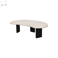 Table basse en travertin de style Japandi, table centrale courbée Wabi-sabi, base en bois noir, table d'appoint pour hôtel boutique
