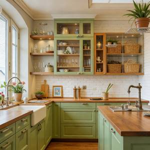 BALOM Custom Plywood Kitchen Cabinet Classic-Modern Style Green Finish With Glass-Front Shelves & Warm Accent Lighting - Product Image 2