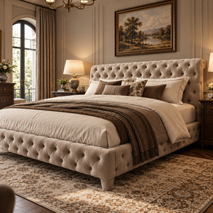 Cadre de lit Chesterfield européen en tissu capitonné avec tête de lit rembourrée pour chambre principale de luxe - Product Image 3