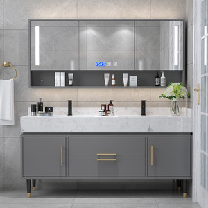 Solid Wood Farmhouse Bathroom <b>Vanity</b> Ceramic Basin LED Integrated Modern <b>Light</b> Luxury Smart Mirror Wall-Mounted Hotel Cabinet - Product Image 4