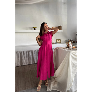 ชุดเดรสผ้าลินินลายแจ็คการ์ดสีชมพูฟูเชียสำหรับใส่ทำงาน มีรอยผ่าด้านหน้าและกระเป๋า - Product Image 2