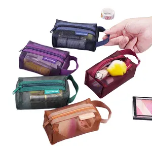 Petite pochette à fermeture éclair avec logo personnalisé sac à cosmétiques en maille carrée en nylon organisateur de maquillage en maille de grande capacité sacs à cosmétiques de voyage