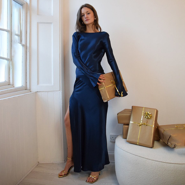 European American Style New Elegant Temperament Solid Color Backless Satin High Slit Flared Sleeve Dress