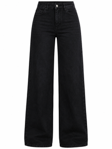 Jeans Neri a Vita Alta e Gamba Dritta, Lunghezza Intera, Vestibilità Comoda, Pantaloni da Donna in Cotone Tinta Unita, Stile Primaverile XL - Product Image 1