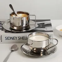 Ensemble de 3 tasses à café en acier inoxydable à double paroi, résistantes à la chaleur, avec soucoupe et cuillère, vaisselle de table, accessoires de cuisine et de café