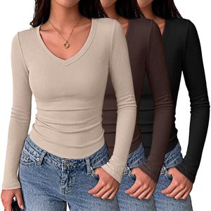 Camiseta de Manga Larga con Cuello en V para Mujer, Tejido Acanalado, Ajustada, Básica, Informal, para Otoño, Suave y Elástica, para Uso Diario - Product Image 1