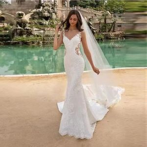 Mermaid Wedding Dress V-Neck Lace White Slim Fit Beach Runway Style - Product Image 1
