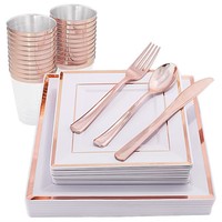 Ensemble de vaisselle jetable moderne en plastique pour fêtes, assiette carrée à double cercle plaquée or, couteau, fourchette, cuillère, verre à vin, bord doré